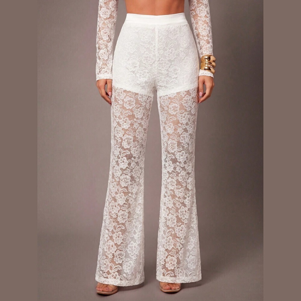 White Ultra Sheer Floral Lace Flare Pants